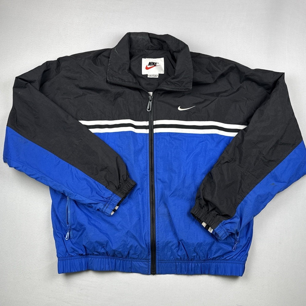 Vintage Nike Jacket Men Medium Blue Colorblock Full Zip Windbreaker Spellout 90s